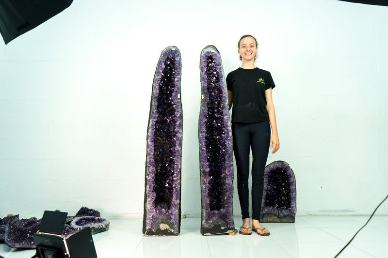 Pair of Deep Purple X-Tall Amethyst Cathedrals With Sugar Druzy