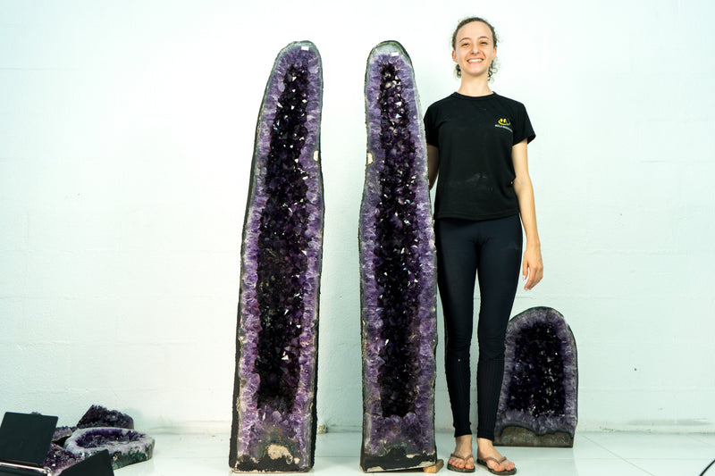 Pair of Deep Purple X-Tall Amethyst Cathedrals With Sugar Druzy