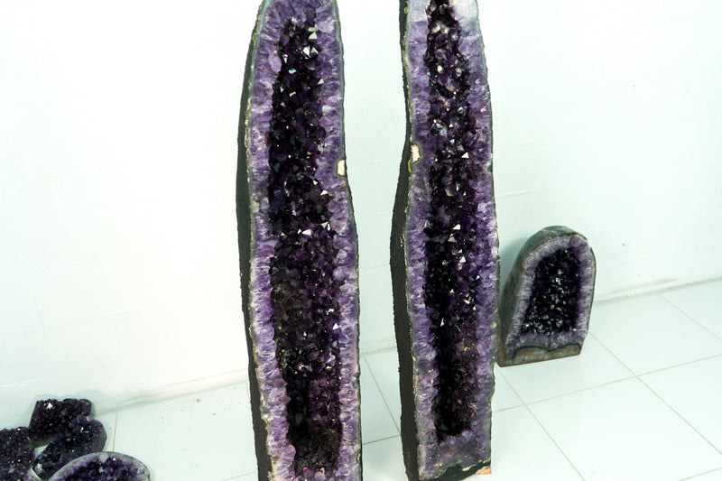 Pair of Deep Purple X-Tall Amethyst Cathedrals With Sugar Druzy