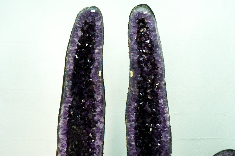 Pair of Deep Purple X-Tall Amethyst Cathedrals With Sugar Druzy