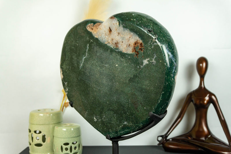 X-Large Pink Amethyst Heart with Green Jasper and Galaxy Druzy on Stand