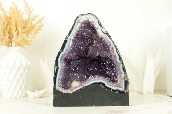 Spitzenachat-Geode mit Lavendel-Amethyst mit Blumenrosetten
