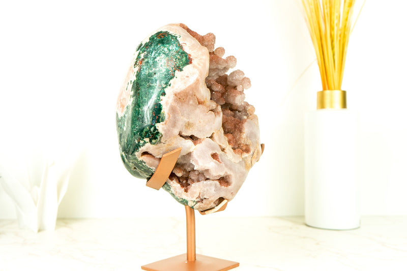 Rare Pink Amethyst Geode with Botroydal Spheres Covered in Rose Sugar Druzy