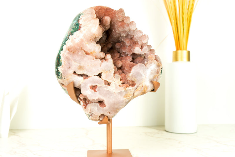 Rare Pink Amethyst Geode with Botroydal Spheres Covered in Rose Sugar Druzy