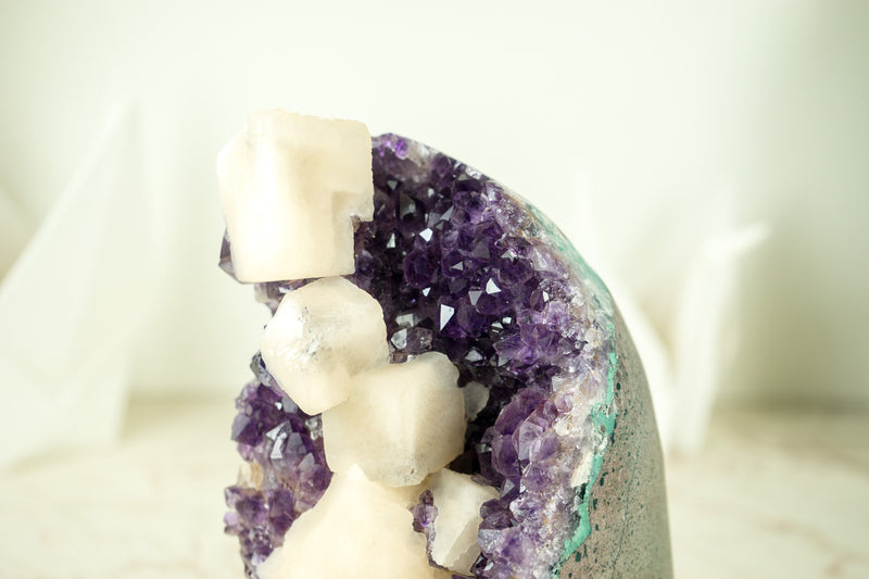 Amethyst Cluster with Cubic Geometrical Calcite and Deep Purple Druzy