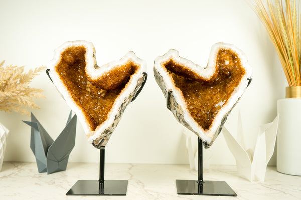 Pair of Naturally Shaped Citrine Heart Geodes with Deep Orange Citrine and White Agate Matrix