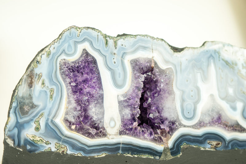 Rare Natural Blue Lace Agate Geode with Purple Amethyst