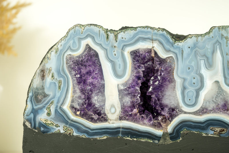 Rare Natural Blue Lace Agate Geode with Purple Amethyst