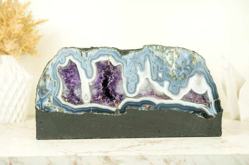 Rare Natural Blue Lace Agate Geode with Purple Amethyst