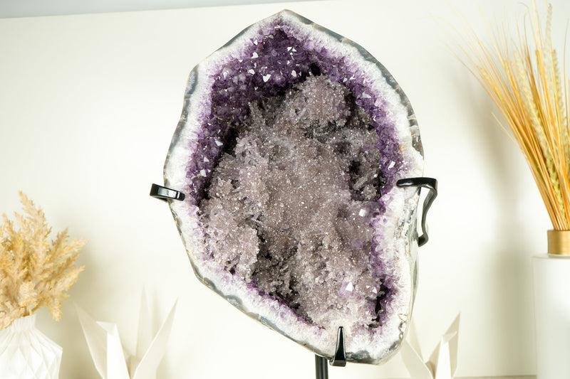 Amethyst Geode with Rosette Crystals and Rare Druzy with Herkimer Diamond-like Clarity