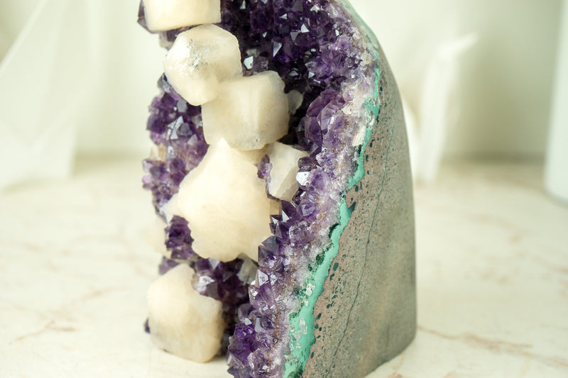 Amethyst Cluster with Cubic Geometrical Calcite and Deep Purple Druzy