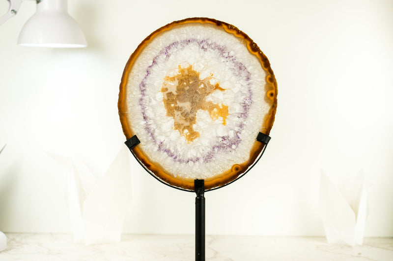 Natural Lace Agate Slice with Rare Amber Lace, Clear Crystal, Sugar Druzy, and Amethyst