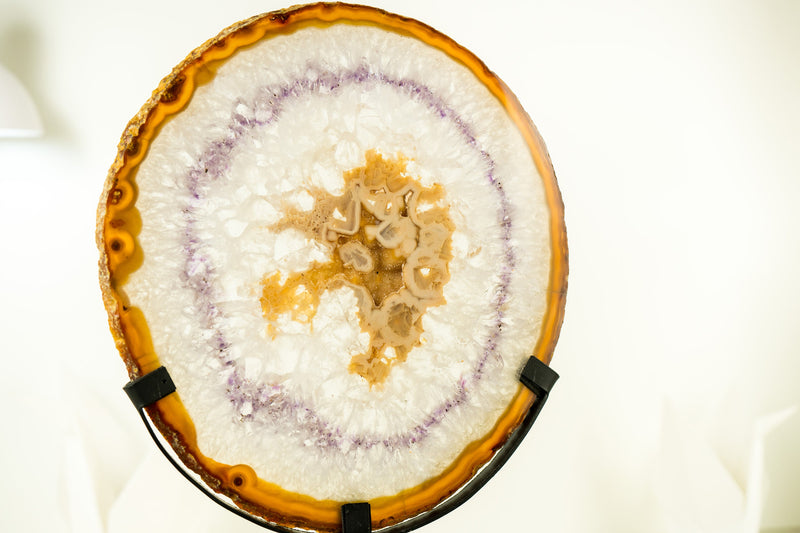 Natural Lace Agate Slice with Rare Amber Lace, Clear Crystal, Sugar Druzy, and Amethyst