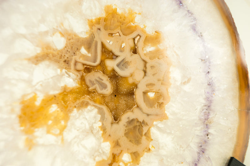 Natural Lace Agate Slice with Rare Amber Lace, Clear Crystal, Sugar Druzy, and Amethyst