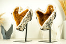 Pair of Naturally Shaped Citrine Heart Geodes with Deep Orange Citrine and White Agate Matrix