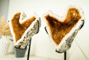 Pair of Naturally Shaped Citrine Heart Geodes with Deep Orange Citrine and White Agate Matrix