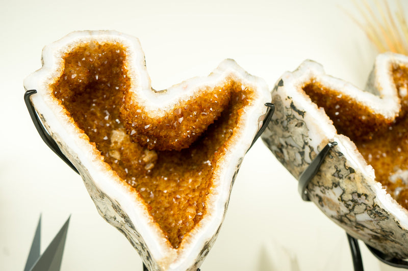 Pair of Naturally Shaped Citrine Heart Geodes with Deep Orange Citrine and White Agate Matrix