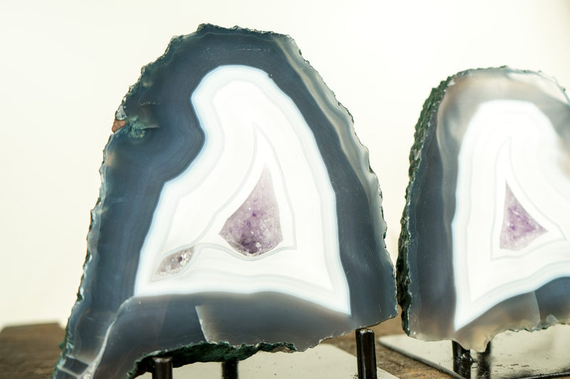 Pair of Small Lace Agate Geodes with White and Blue Lace Agate and Lavender Amethyst