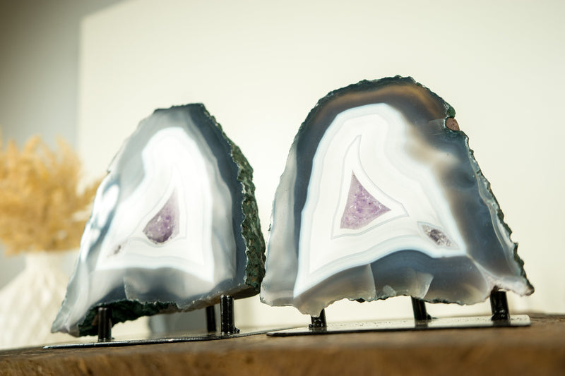 Pair of Small Lace Agate Geodes with White and Blue Lace Agate and Lavender Amethyst