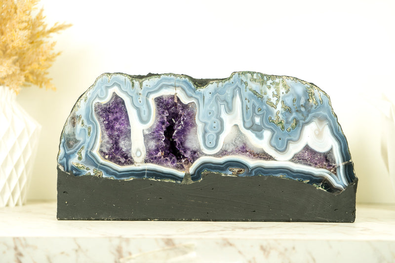 Rare Natural Blue Lace Agate Geode with Purple Amethyst