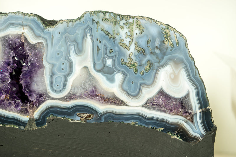 Rare Natural Blue Lace Agate Geode with Purple Amethyst