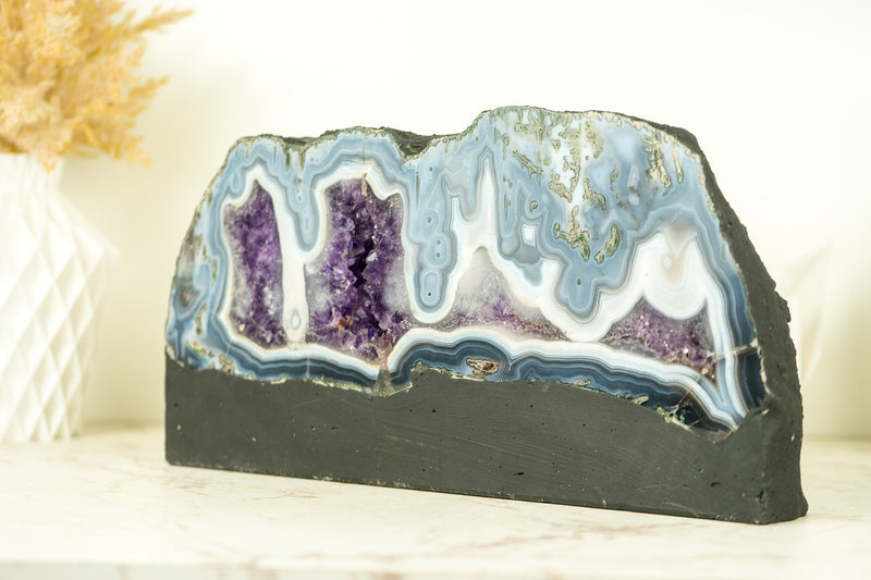 Rare Natural Blue Lace Agate Geode with Purple Amethyst