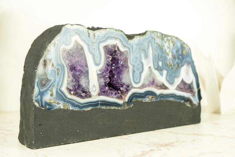Rare Natural Blue Lace Agate Geode with Purple Amethyst