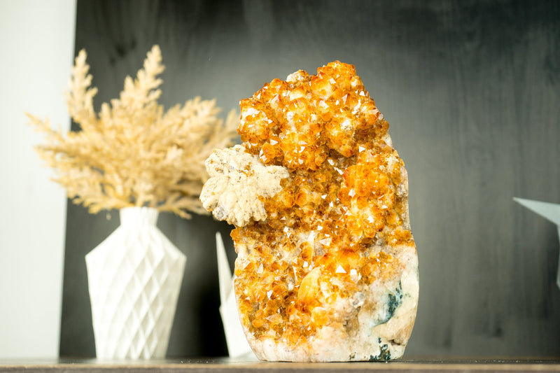 Citrine Cluster with Rich Amber Citrine Color and A Flower Calcite