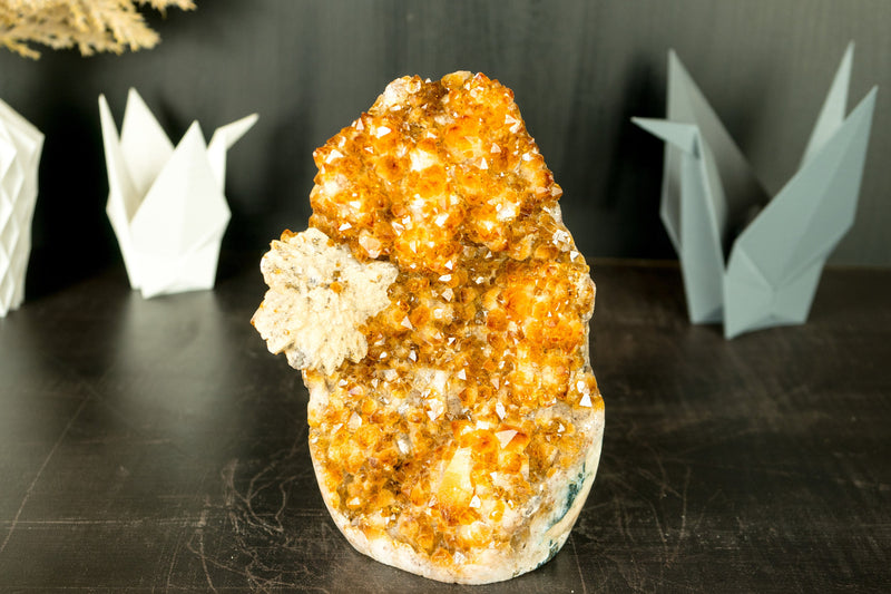 Citrine Cluster with Rich Amber Citrine Color and A Flower Calcite