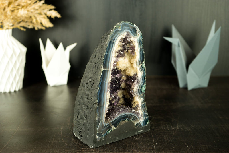 Small Amethyst Geode Cathedral with Blue Banded Agate and Calcite - E2D Crystals & Minerals