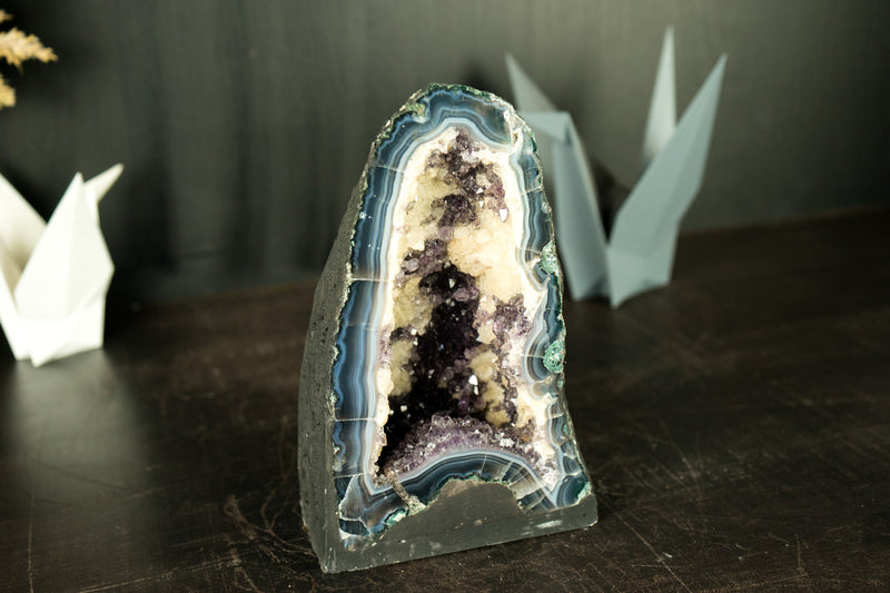 Small Amethyst Geode Cathedral with Blue Banded Agate and Calcite - E2D Crystals & Minerals