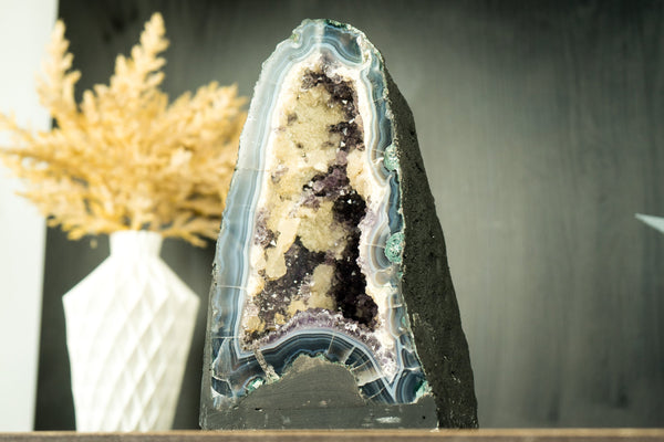 Small Amethyst Geode Cathedral with Blue Banded Agate and Calcite - E2D Crystals & Minerals
