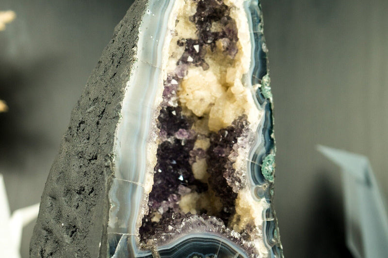 Small Amethyst Geode Cathedral with Blue Banded Agate and Calcite - E2D Crystals & Minerals