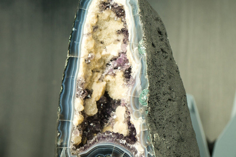 Small Amethyst Geode Cathedral with Blue Banded Agate and Calcite - E2D Crystals & Minerals