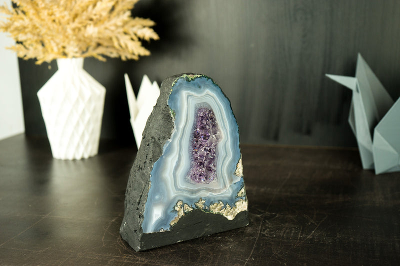 Small Natural Blue and Baby Blue Lace Agate Geode with Blue Agate Bands
