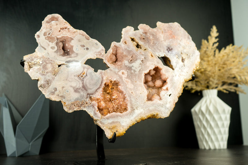 Pink Amethyst Geode Slab with Sculptural Pink Amethyst, Pink Amethyst Flowers and Sparkly Druzy on Stand - 2.7 Kg - 6.0 lb