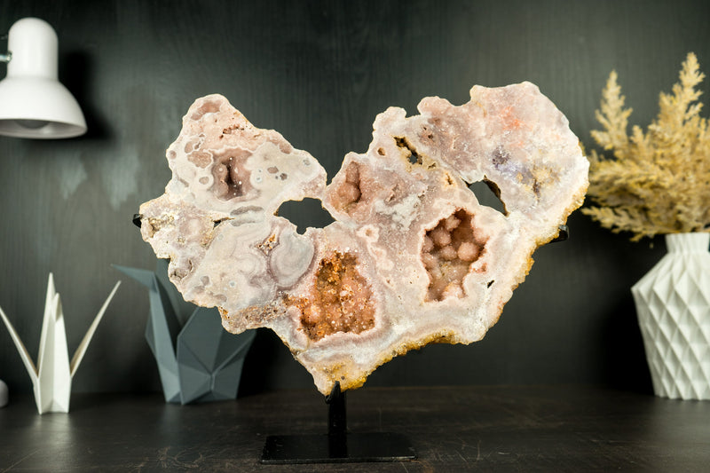 Pink Amethyst Geode Slab with Sculptural Pink Amethyst, Pink Amethyst Flowers and Sparkly Druzy on Stand - 2.7 Kg - 6.0 lb