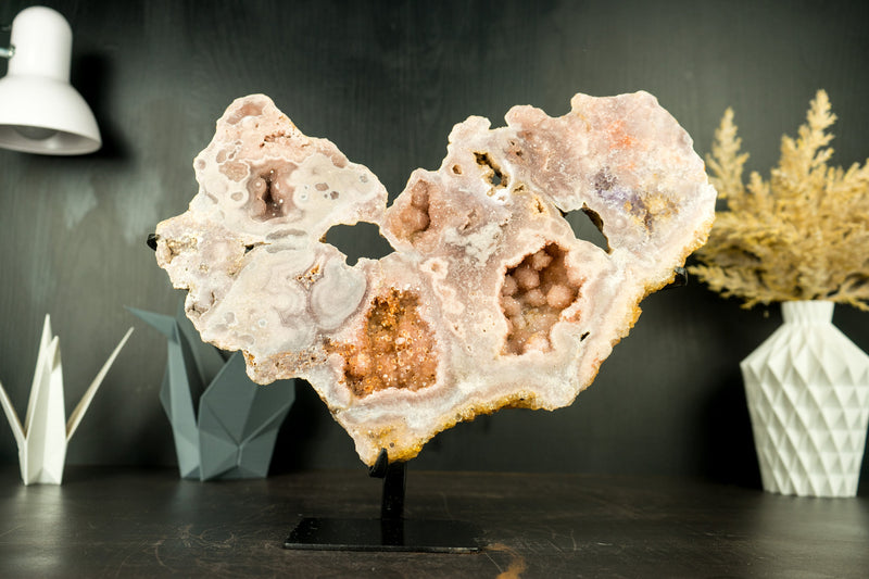 Pink Amethyst Geode Slab with Sculptural Pink Amethyst, Pink Amethyst Flowers and Sparkly Druzy on Stand - 2.7 Kg - 6.0 lb