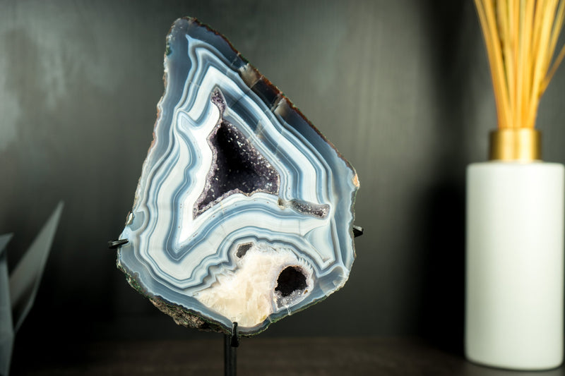 Blue Lace Agate Geode, A Collectors Blue and White Lace Agate with Calcite Flower Inclusion and Rare Formation - 9 Lb. 13 In.