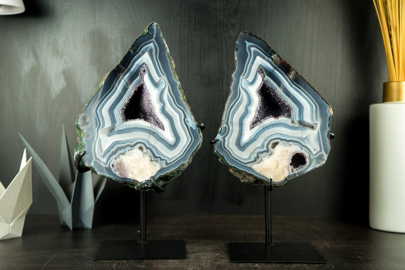 Pair of Rare Blue Lace Agate Geodes: Collectors Blue and White Lace Agates with Calcite Flower Inclusion and Rare Formation - 14.6 lb 14 In