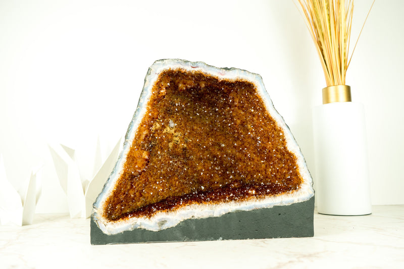 Paar spiegelbildlich angeordnete natürliche Citrin-Geoden – hochwertige gesättigte orange Druzy-Kristalle und Blütenrosetten – 60 Pfund.