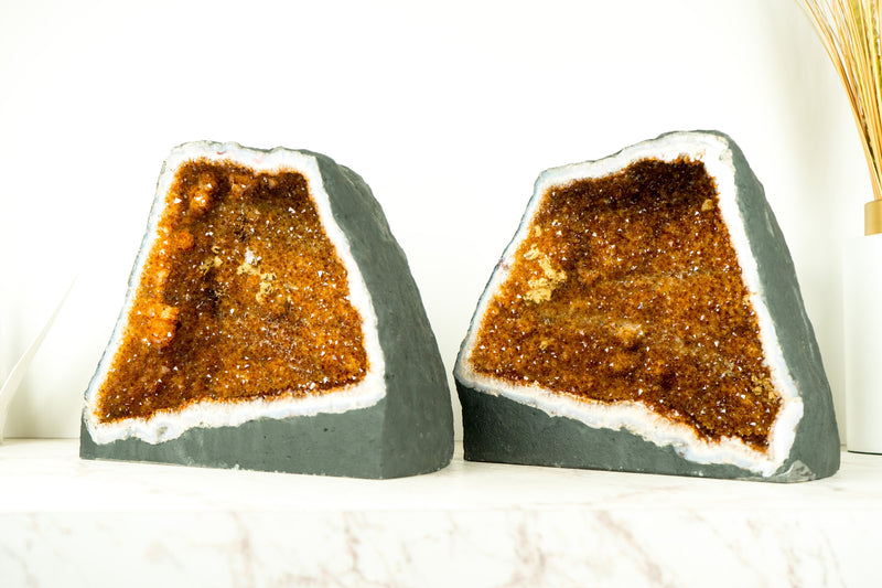 Paar spiegelbildlich angeordnete natürliche Citrin-Geoden – hochwertige gesättigte orange Druzy-Kristalle und Blütenrosetten – 60 Pfund.