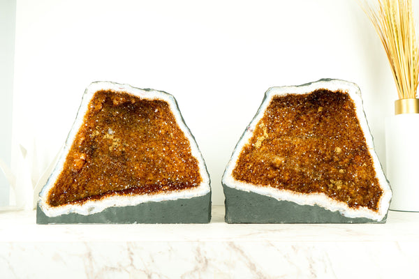 Pair of Bookmatching Natural Citrine Geodes - High-Grade Saturated Orange Druzy Crystals and Flower Rosettes - 60 Lb.