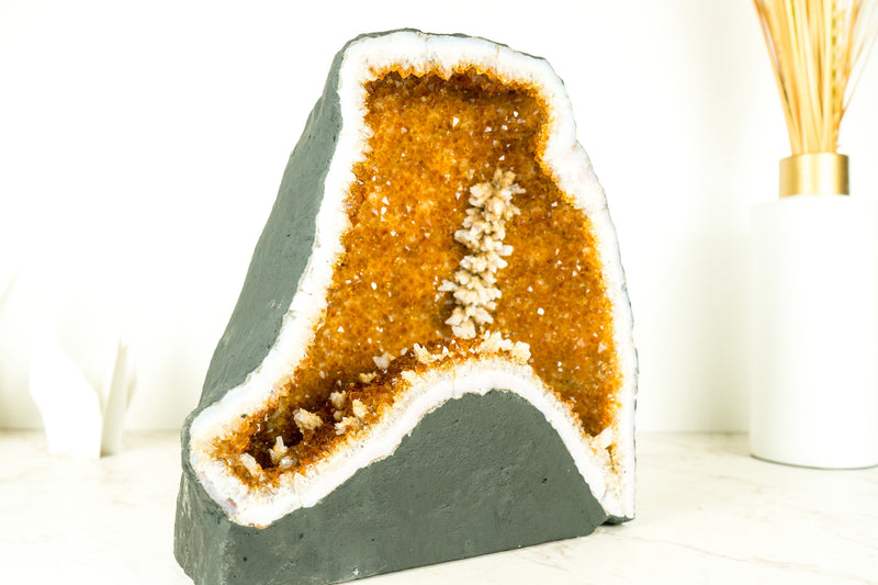 Natural Citrine Geode Cave with Orange Druzy Crystals and Calcite Flowers - 11 In - 31 Lb