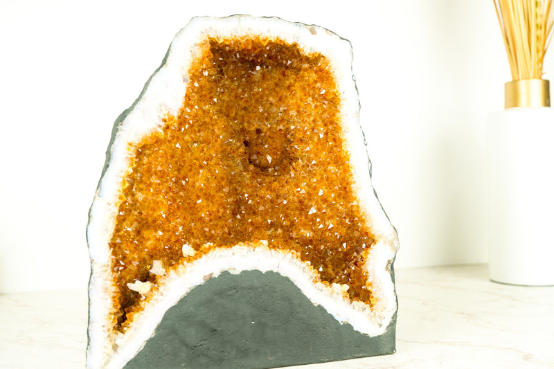 Natural Citrine Geode Cave with Orange Druzy Crystals and Calcite Inclusion- 11 In - 27 Lb