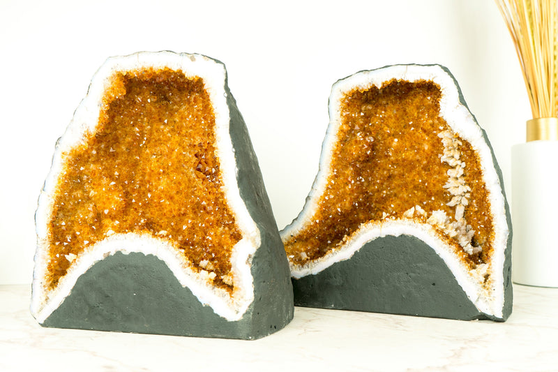 Pair of Citrine Geodes Cave with Orange Druzy Crystals and Calcite Flowers - 58 Lb.