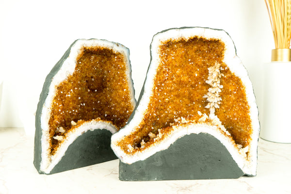 Pair of Citrine Geodes Cave with Orange Druzy Crystals and Calcite Flowers - 58 Lb.