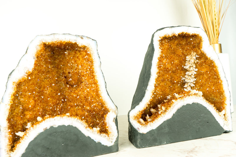 Pair of Citrine Geodes Cave with Orange Druzy Crystals and Calcite Flowers - 58 Lb.