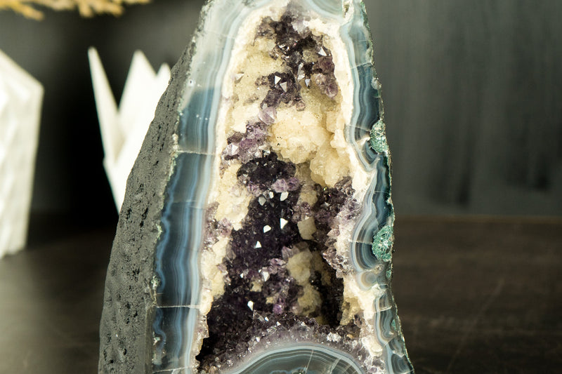 Small Amethyst Geode Cathedral with Blue Banded Agate and Calcite - E2D Crystals & Minerals