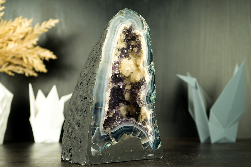 Small Amethyst Geode Cathedral with Blue Banded Agate and Calcite - E2D Crystals & Minerals